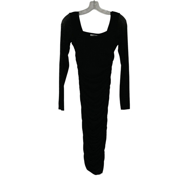 Fuzzi Ruched Bodycon Dress Size M Medium Black Long Sleeve Square Neck Mesh - Picture 1 of 8